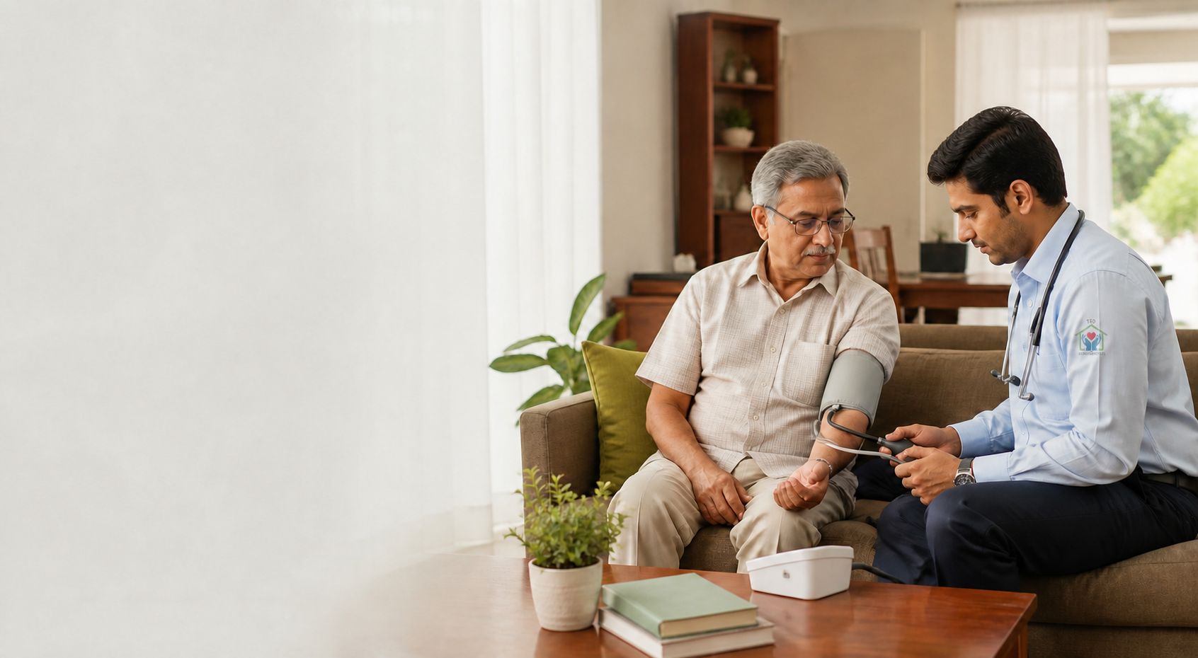 TED doctor checking an elderly patient's blood pressure during a home visit
