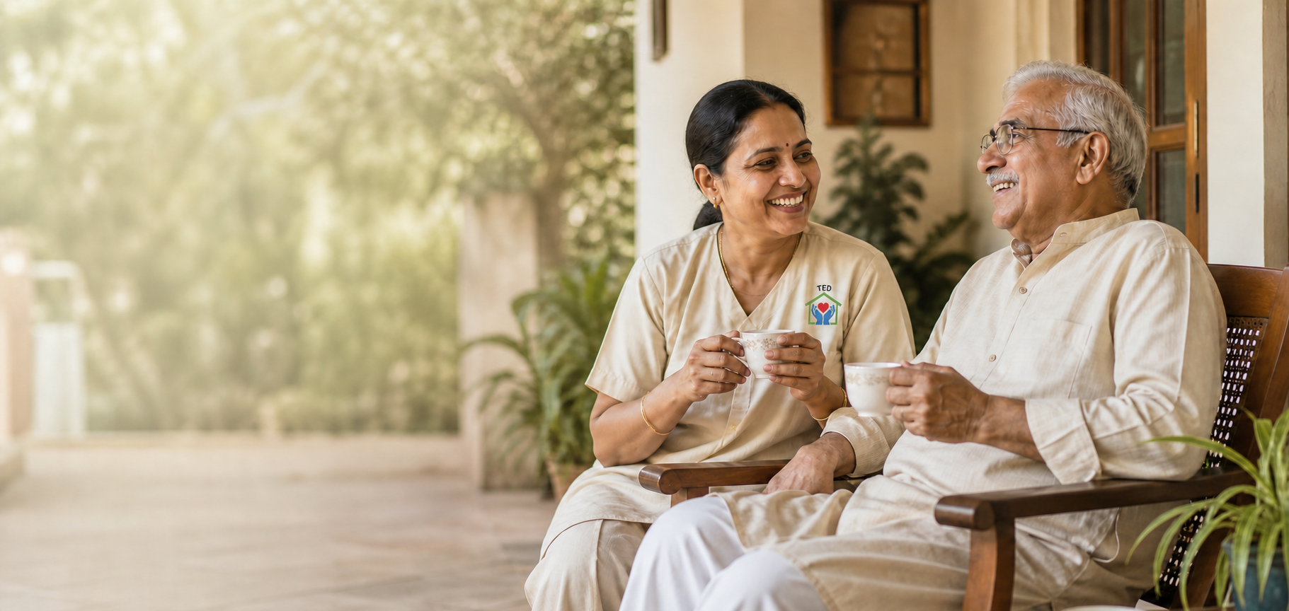 TED elderly care attendant sharing a happy conversation with a senior man