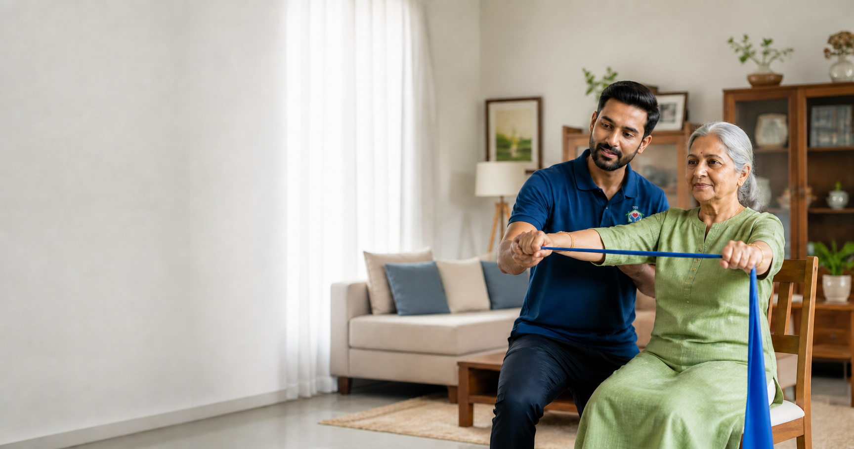 TED physiotherapist guiding an elderly woman through a home exercise