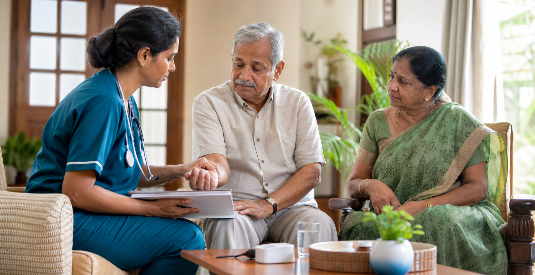 Home nurse supporting an elderly couple