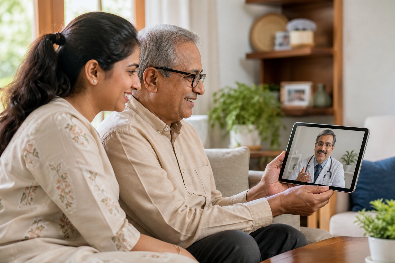 A family attending an online doctor consultation from home