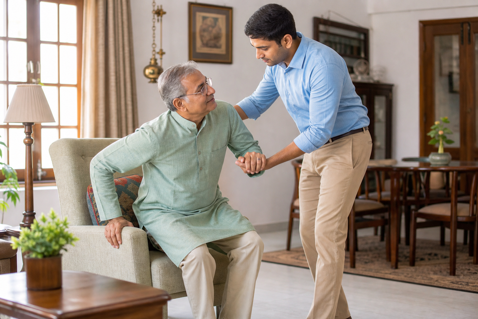 Patient attendant helping an elderly person at home