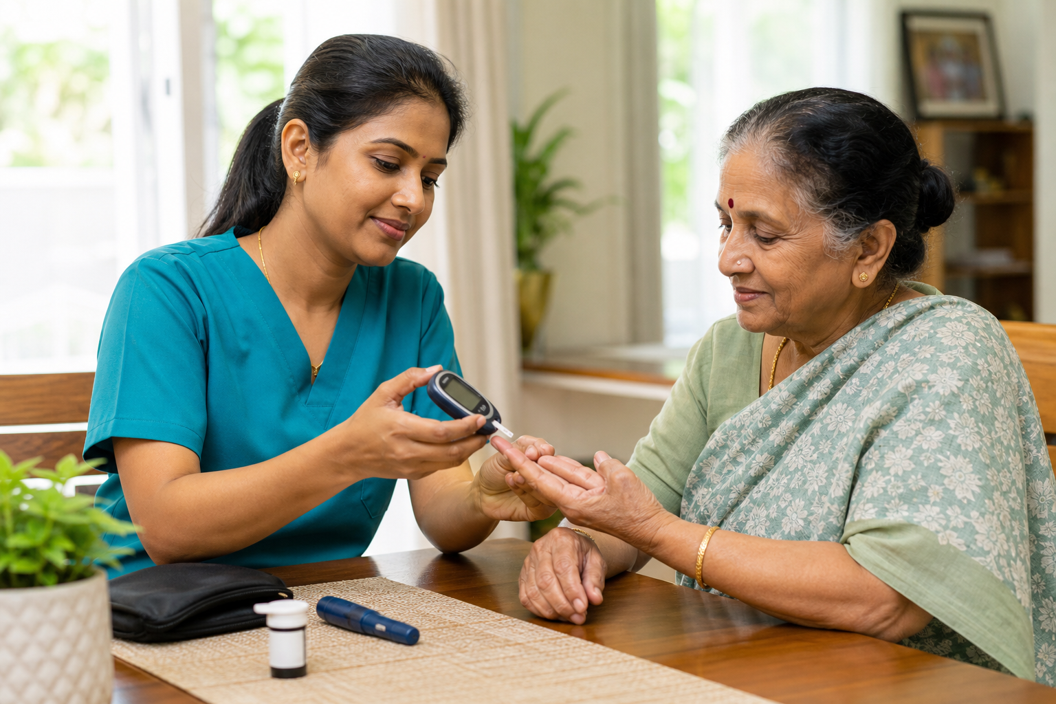 Home nurse supporting an elderly patient
